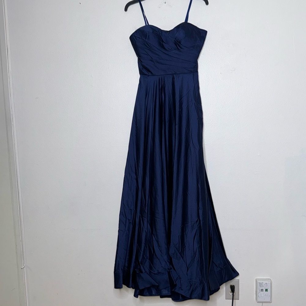 La Femme Womens Size 8 Navy Strapless Slit Satin Ballgown - Picture 4 of 12